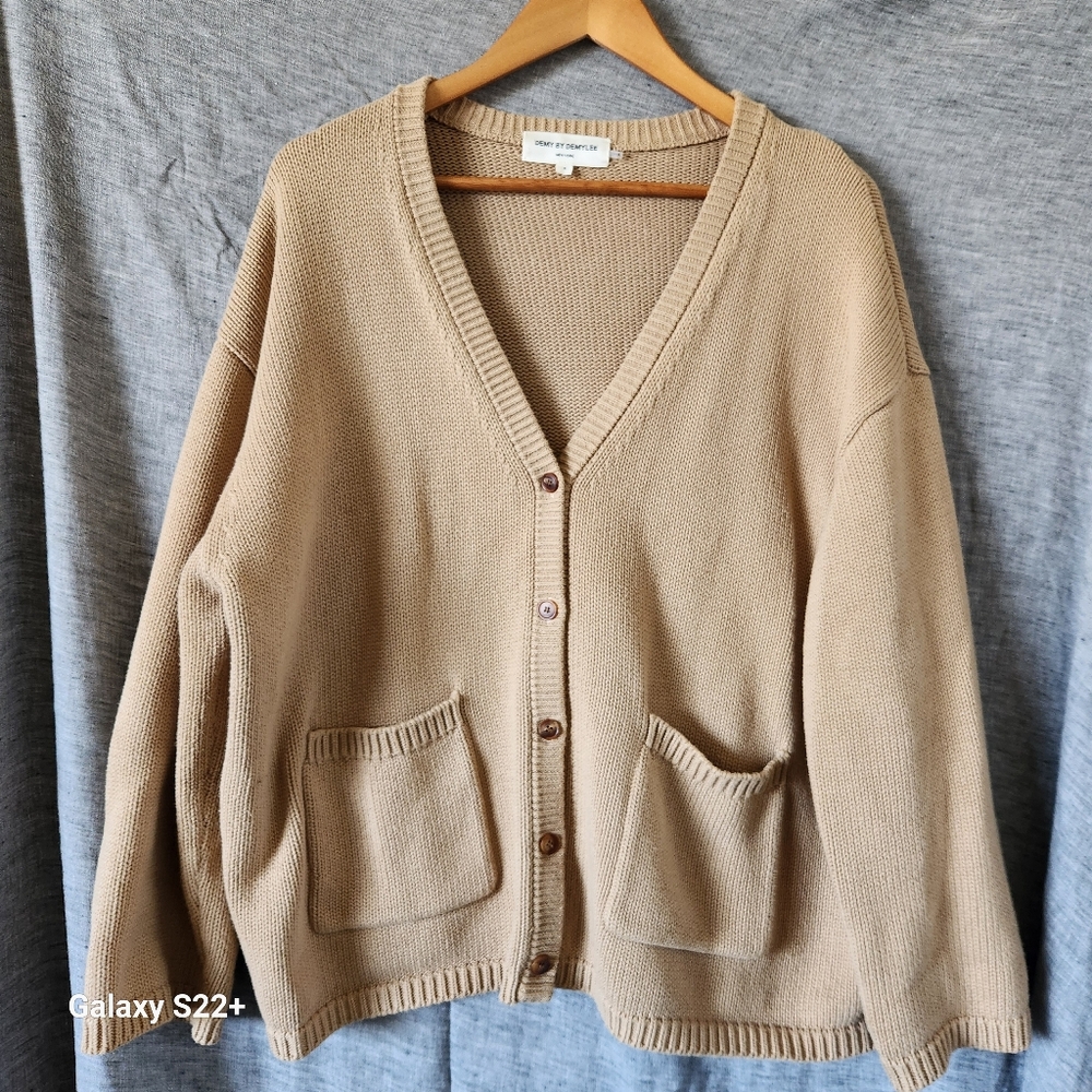 Demy By Demylee Beige V-Neck Cardigan with Textured Knit & Front Pockets, BIG S